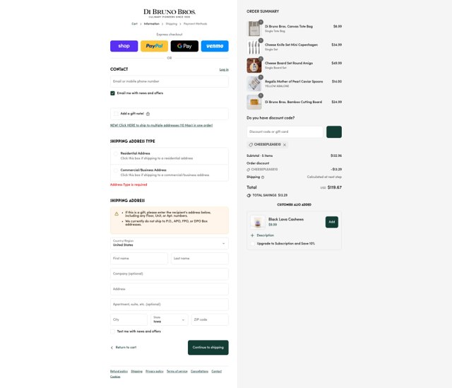 DiBruno checkout page showing DiBruno coupon code box | Screenshot taken by SimplyCodes community member on Sep 2, 2025