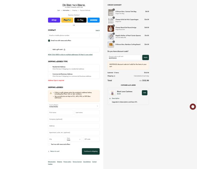 DiBruno checkout page showing DiBruno coupon code box | Screenshot taken by SimplyCodes community member on Sep 2, 2025