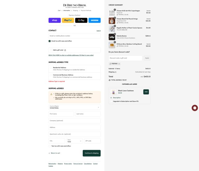 DiBruno checkout page showing DiBruno coupon code box | Screenshot taken by SimplyCodes community member on Sep 6, 2025