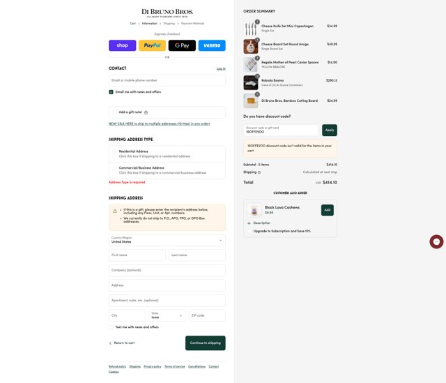 DiBruno checkout page showing DiBruno coupon code box | Screenshot taken by SimplyCodes community member on Sep 6, 2025