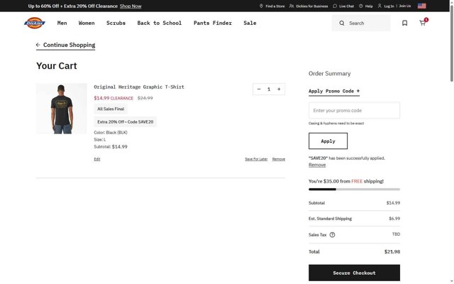 Dickies checkout page showing Dickies promo code box | Screenshot taken by SimplyCodes community member on Jul 19, 2025