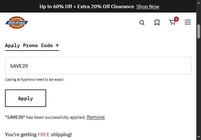 Dickies checkout page showing Dickies promo code box | Screenshot taken by SimplyCodes community member on Jul 20, 2025