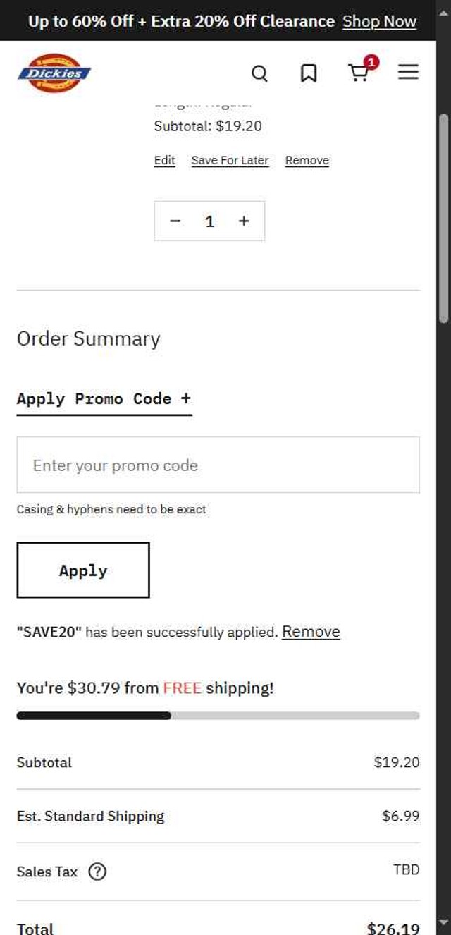 Dickies checkout page showing Dickies promo code box | Screenshot taken by SimplyCodes community member on Jul 19, 2025