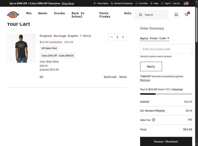 Dickies checkout page showing Dickies promo code box | Screenshot taken by SimplyCodes community member on Jul 19, 2025