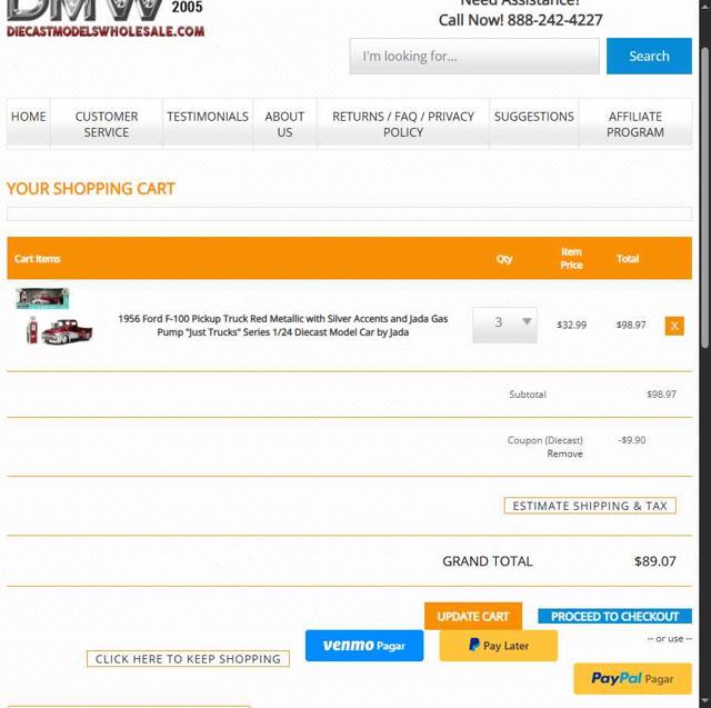 Diecast Models Wholesale checkout page showing Diecast Models Wholesale coupon code box | Screenshot taken by SimplyCodes community member on Jul 12, 2025