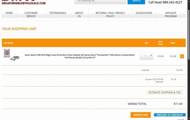 Diecast Models Wholesale checkout page showing Diecast Models Wholesale coupon code box | Screenshot taken by SimplyCodes community member on Jul 4, 2025