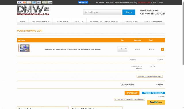 Diecast Models Wholesale checkout page showing Diecast Models Wholesale coupon code box | Screenshot taken by SimplyCodes community member on Jul 29, 2025