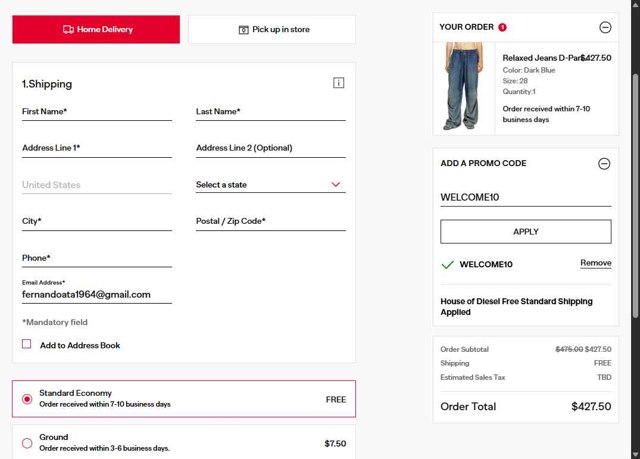 Diesel checkout page showing Diesel promo code box | Screenshot taken by SimplyCodes community member on Aug 3, 2025