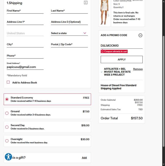 Diesel checkout page showing Diesel promo code box | Screenshot taken by SimplyCodes community member on Aug 22, 2025