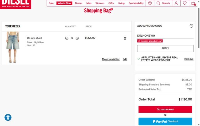 Diesel checkout page showing Diesel promo code box | Screenshot taken by SimplyCodes community member on Jul 27, 2025