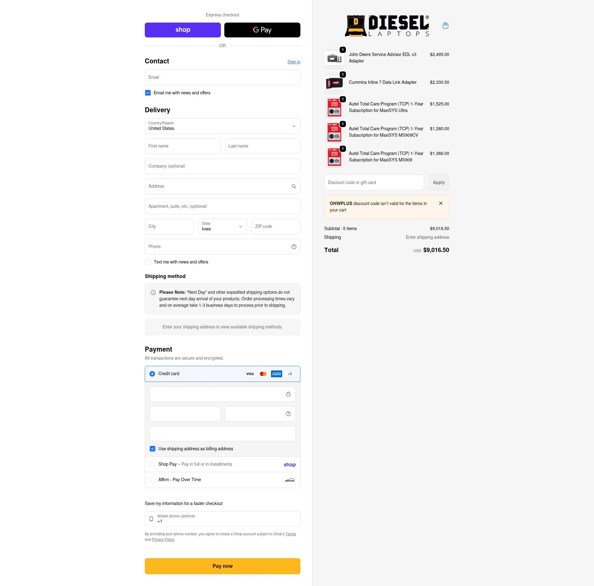 Diesel Laptops checkout page showing Diesel Laptops discount code box | Screenshot taken by SimplyCodes community member on Feb 1, 2026