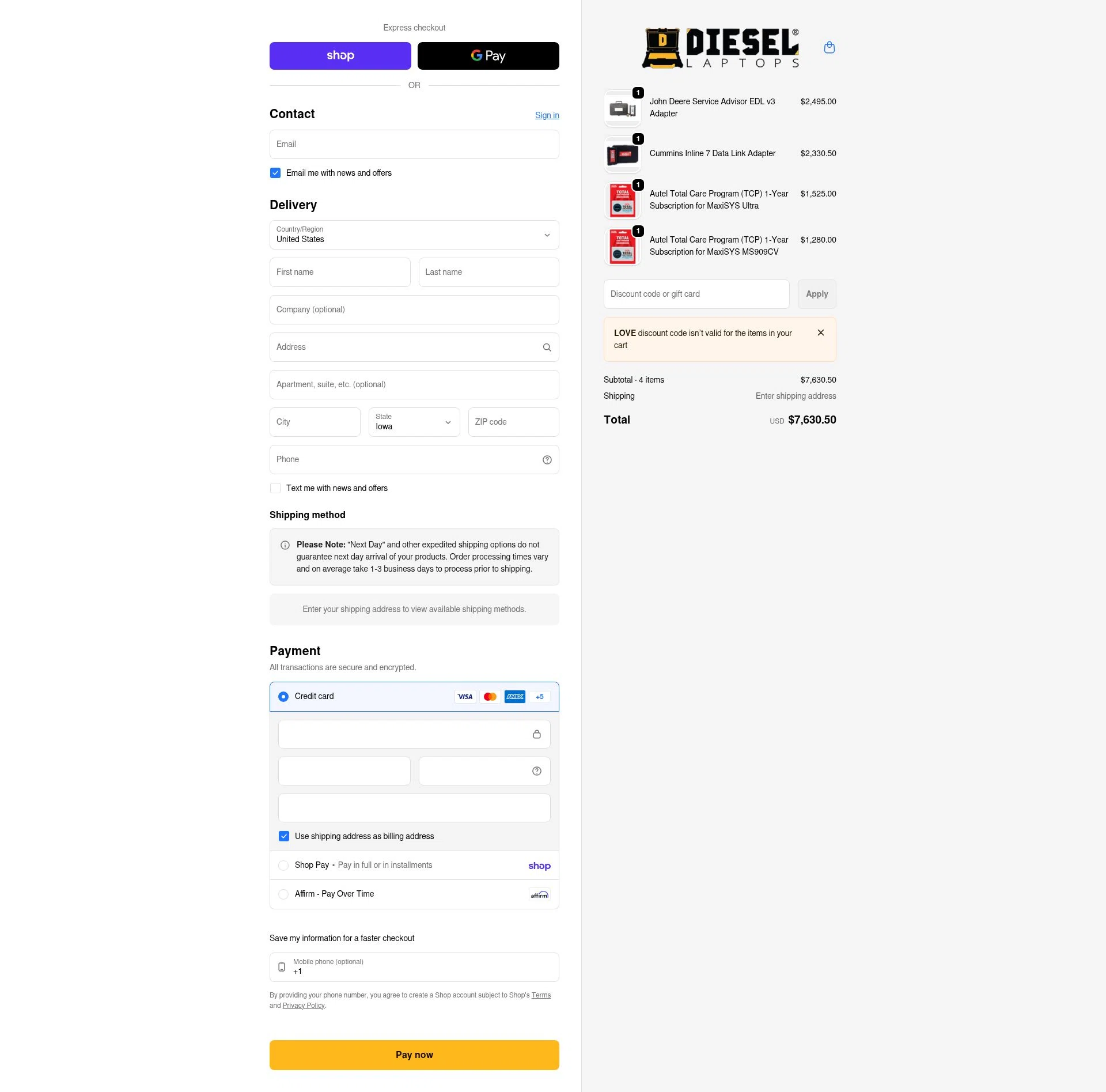 Diesel Laptops checkout page showing Diesel Laptops discount code box | Screenshot taken by SimplyCodes community member on Feb 10, 2026