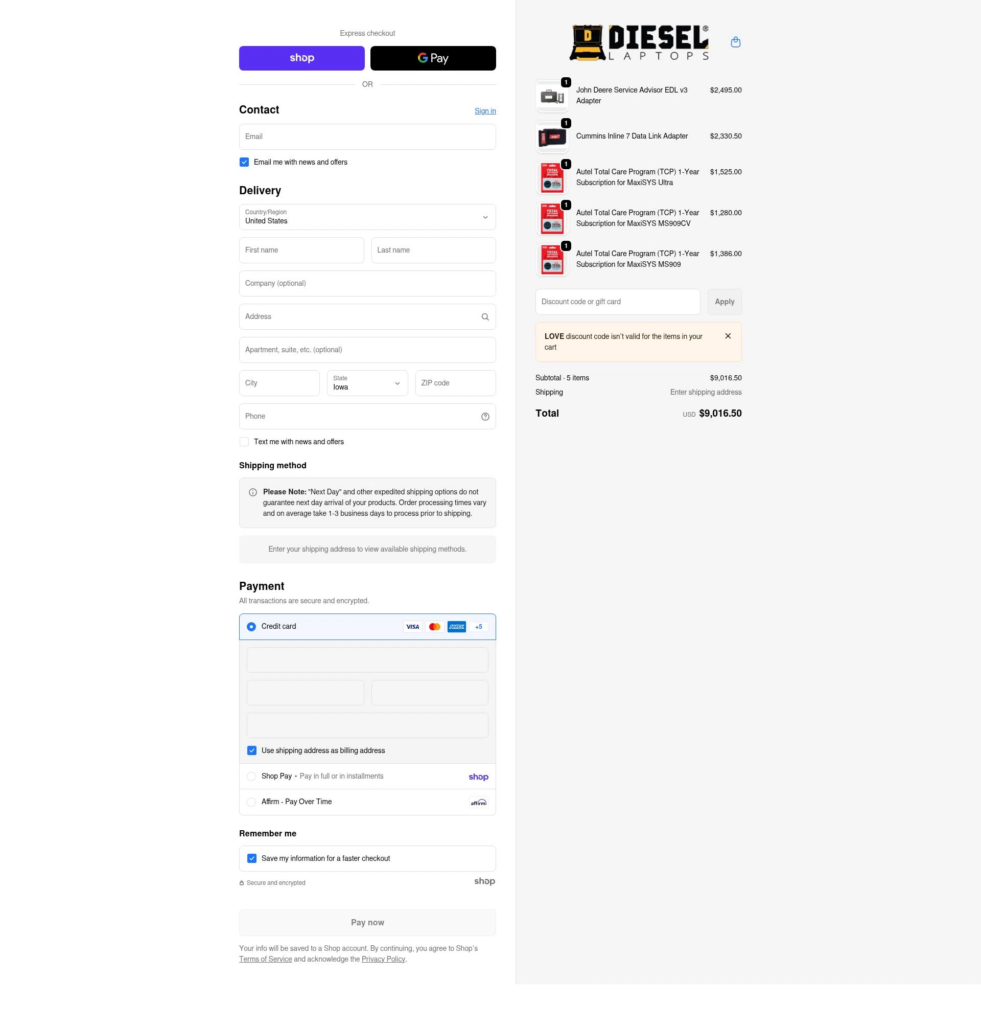 Diesel Laptops checkout page showing Diesel Laptops discount code box | Screenshot taken by SimplyCodes community member on Jan 28, 2026