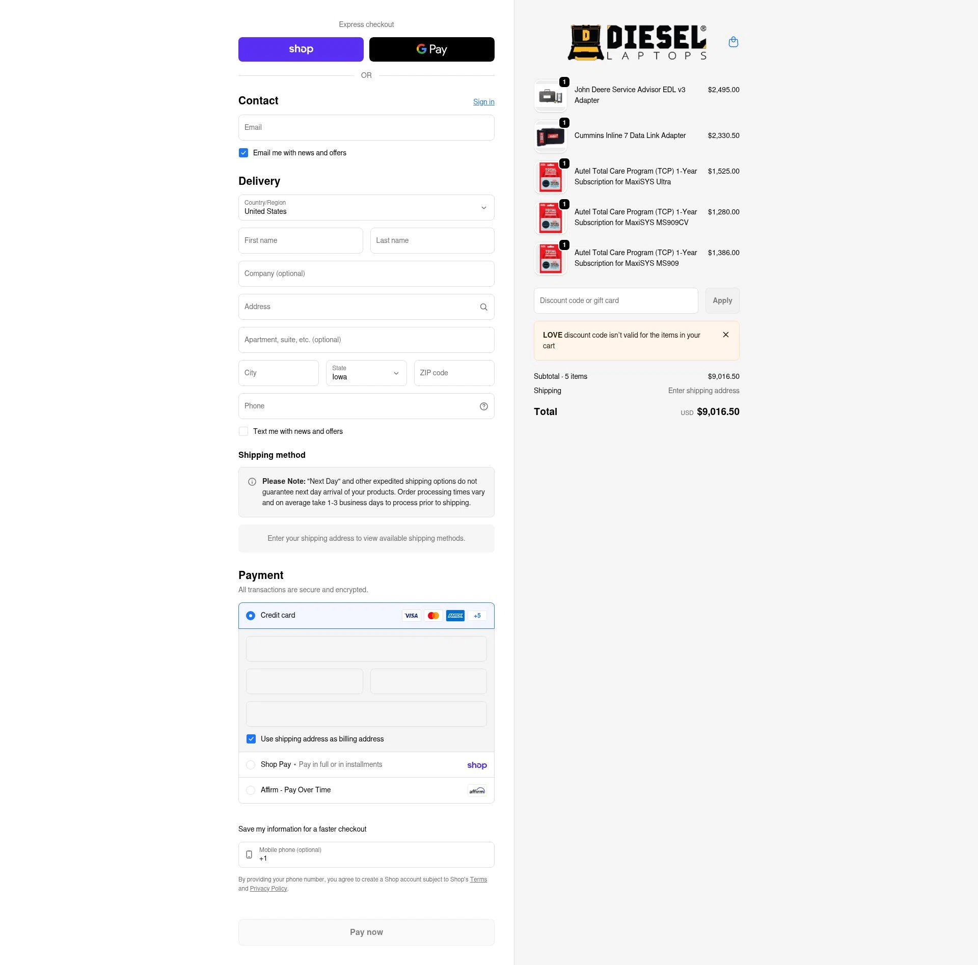 Diesel Laptops checkout page showing Diesel Laptops discount code box | Screenshot taken by SimplyCodes community member on Feb 1, 2026