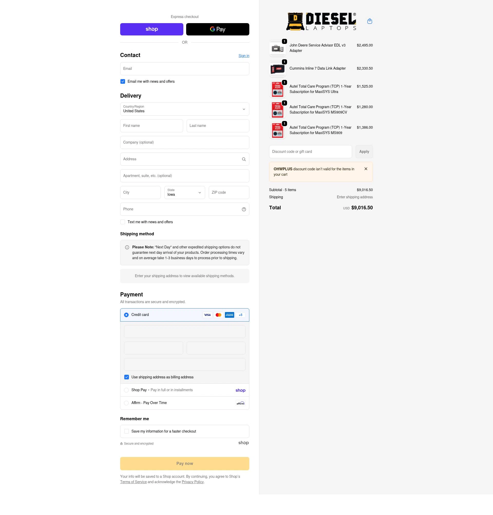 Diesel Laptops checkout page showing Diesel Laptops discount code box | Screenshot taken by SimplyCodes community member on Jan 23, 2026