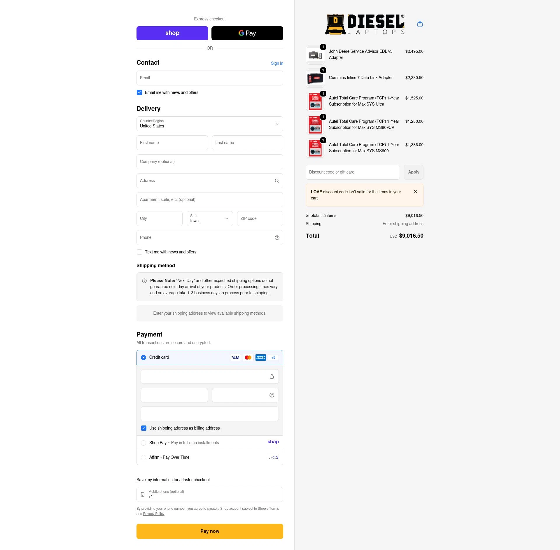 Diesel Laptops checkout page showing Diesel Laptops discount code box | Screenshot taken by SimplyCodes community member on Jan 18, 2026