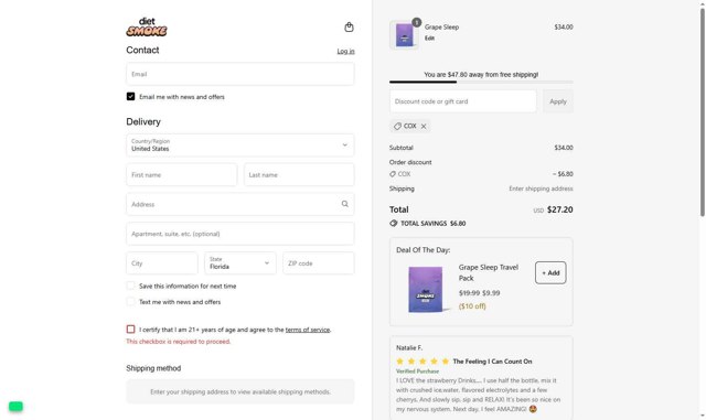 Diet Smoke checkout page showing Diet Smoke coupon code box | Screenshot taken by SimplyCodes community member on Aug 7, 2025