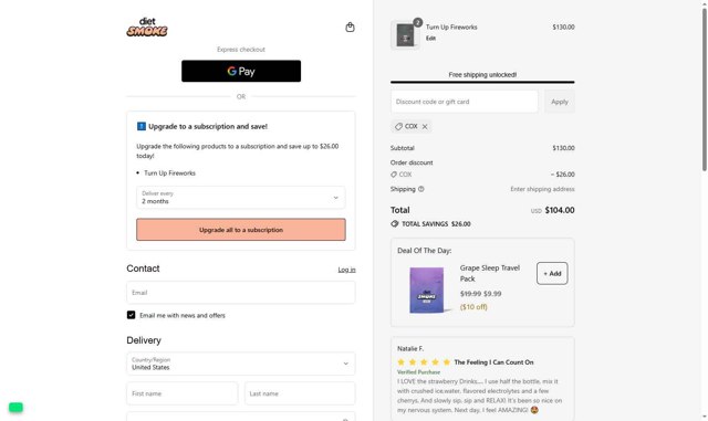 Diet Smoke checkout page showing Diet Smoke coupon code box | Screenshot taken by SimplyCodes community member on Aug 28, 2025