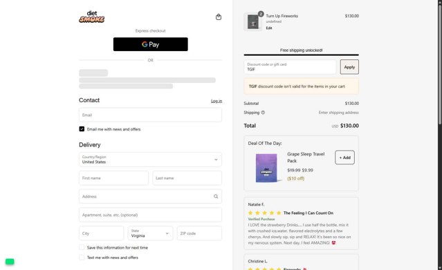 Diet Smoke checkout page showing Diet Smoke coupon code box | Screenshot taken by SimplyCodes community member on Sep 5, 2025