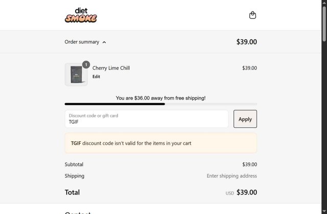 Diet Smoke checkout page showing Diet Smoke coupon code box | Screenshot taken by SimplyCodes community member on Aug 7, 2025