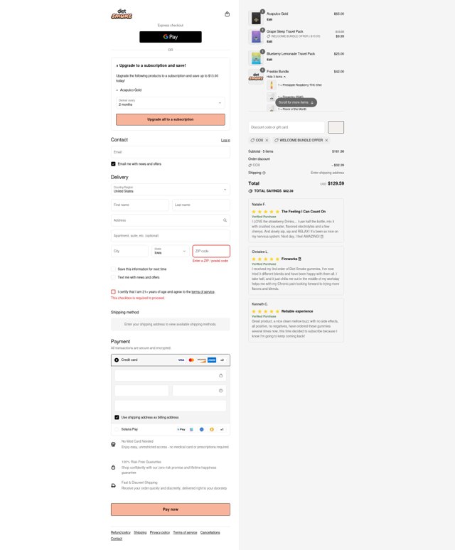Diet Smoke checkout page showing Diet Smoke coupon code box | Screenshot taken by SimplyCodes community member on Aug 28, 2025