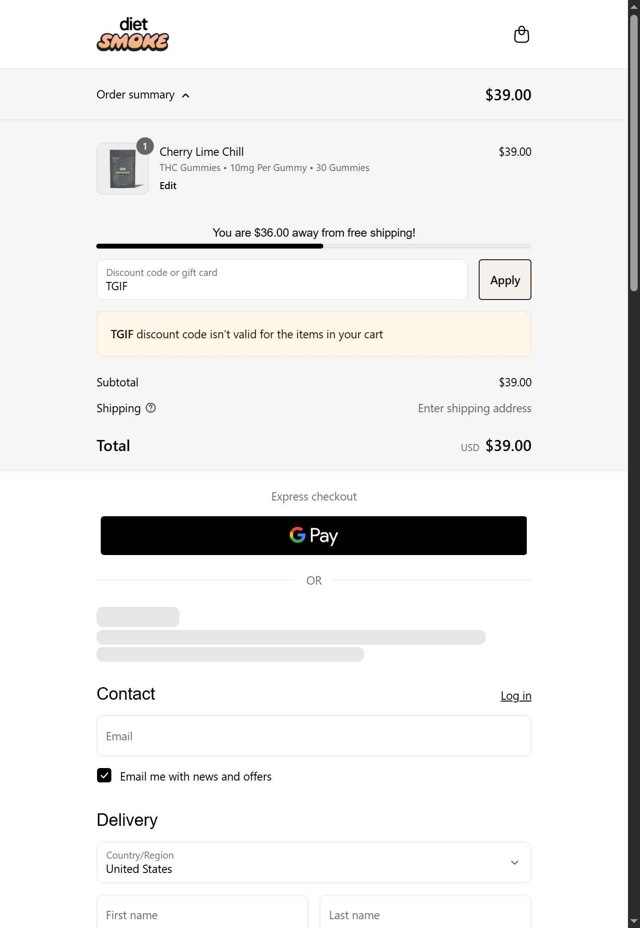 Diet Smoke checkout page showing Diet Smoke coupon code box | Screenshot taken by SimplyCodes community member on Sep 5, 2025