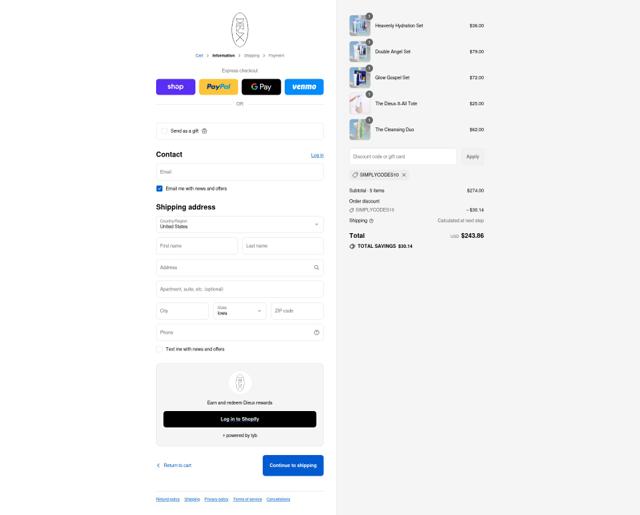Dieux Skin checkout page showing Dieux Skin promo code box | Screenshot taken by SimplyCodes community member on Sep 8, 2025