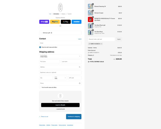 Dieux Skin checkout page showing Dieux Skin promo code box | Screenshot taken by SimplyCodes community member on Aug 5, 2025