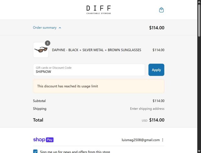 DIFF Eyewear checkout page showing DIFF Eyewear coupon code box | Screenshot taken by SimplyCodes community member on Jul 21, 2025