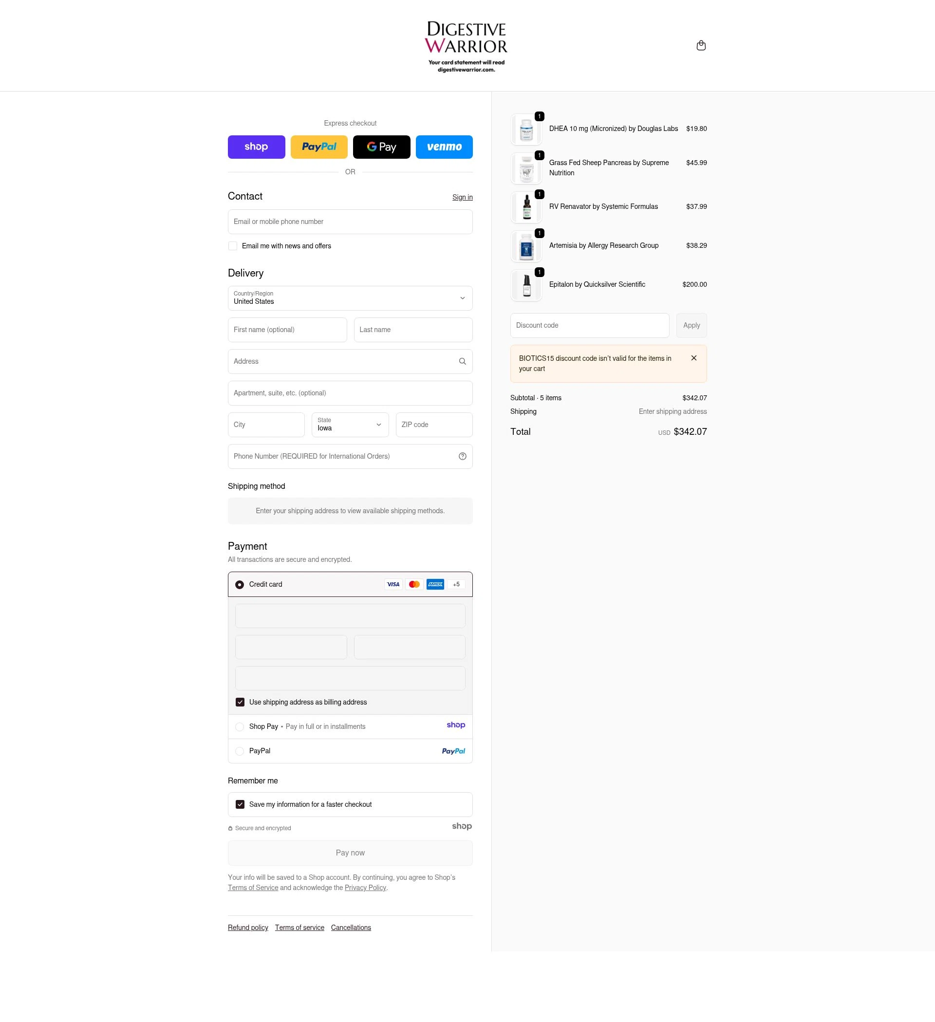 Digestive Warrior checkout page showing Digestive Warrior coupon code box | Screenshot taken by SimplyCodes community member on Jan 2, 2026
