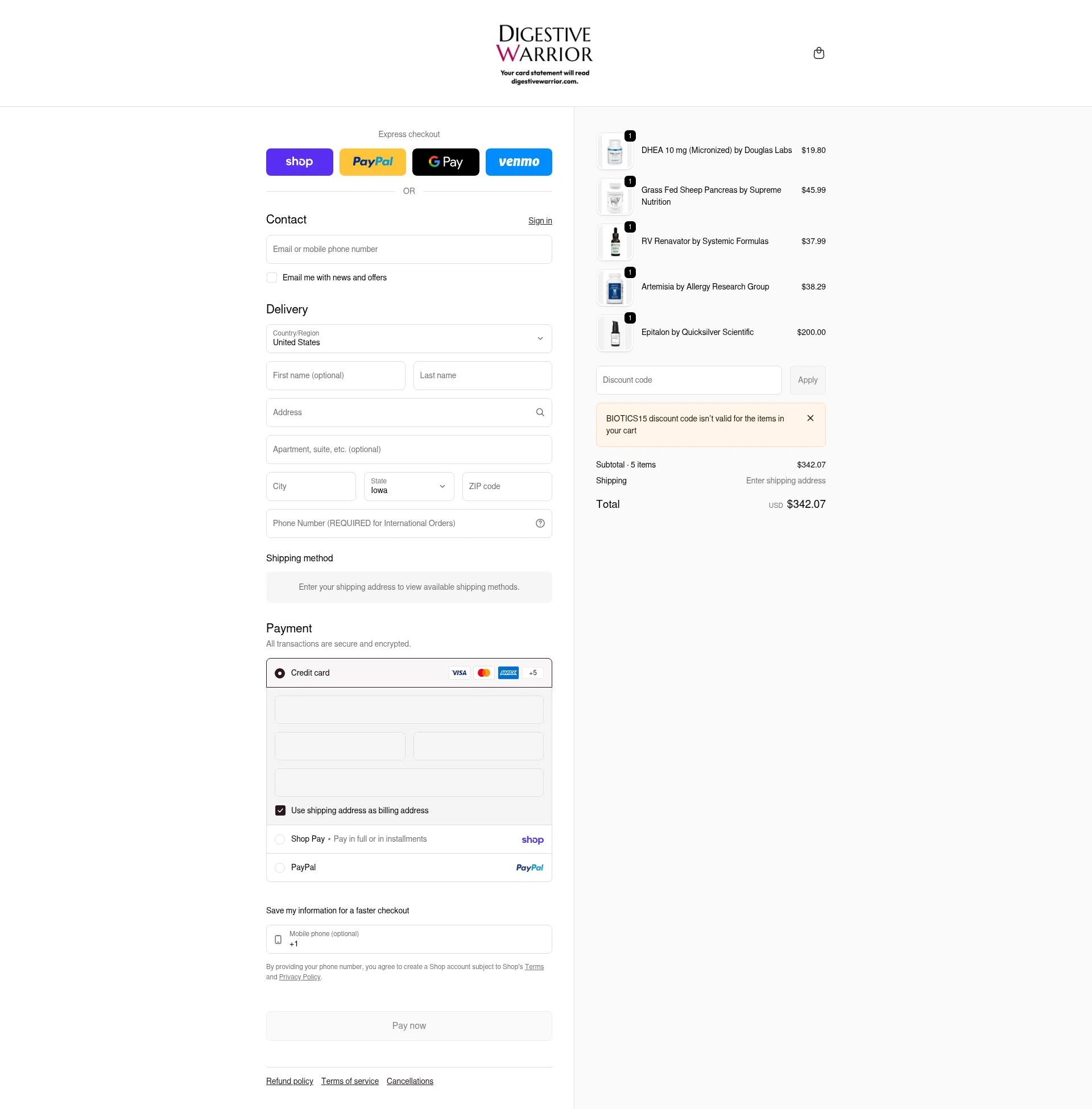 Digestive Warrior checkout page showing Digestive Warrior coupon code box | Screenshot taken by SimplyCodes community member on Jan 31, 2026