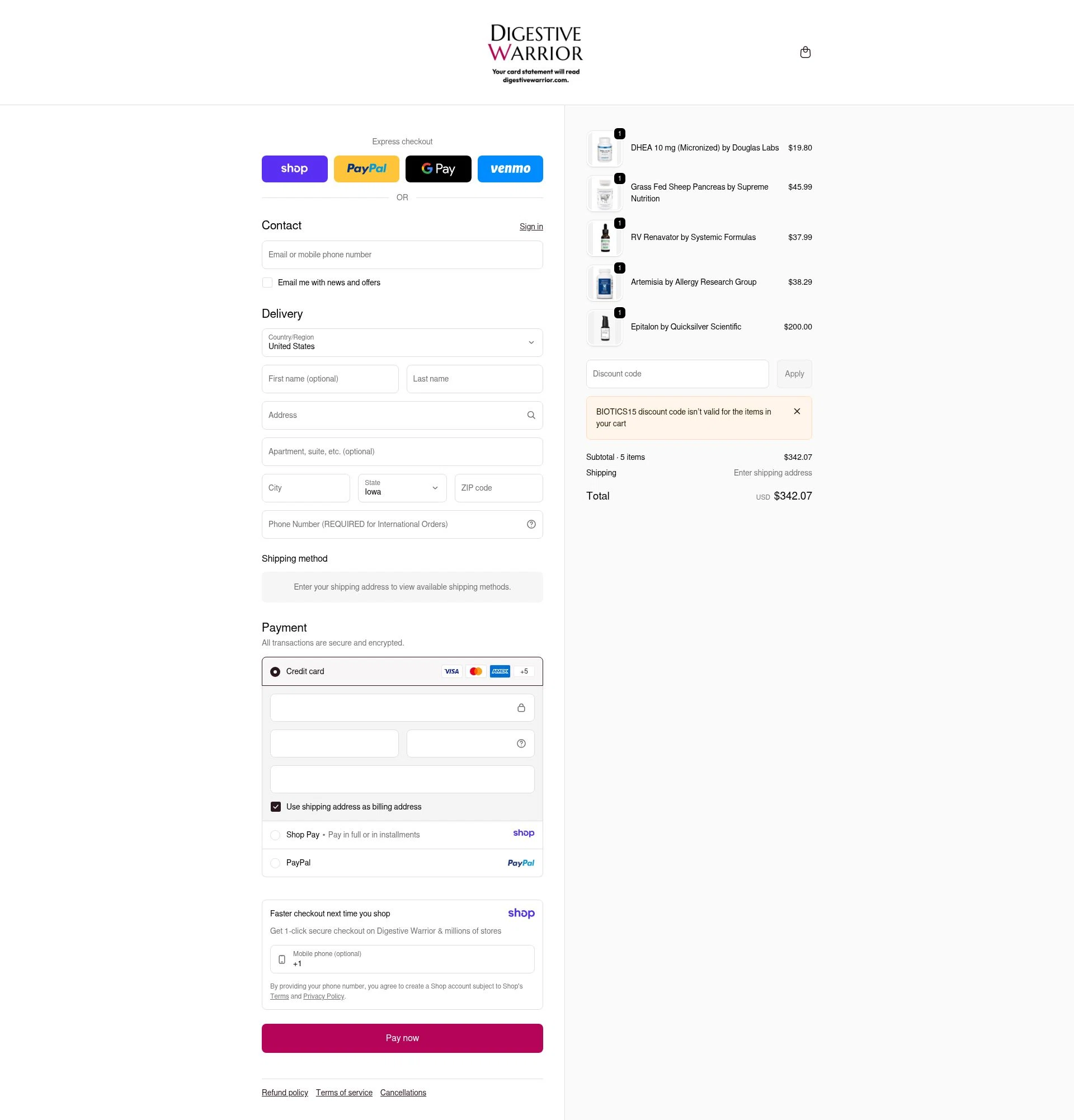 Digestive Warrior checkout page showing Digestive Warrior coupon code box | Screenshot taken by SimplyCodes community member on Jan 12, 2026