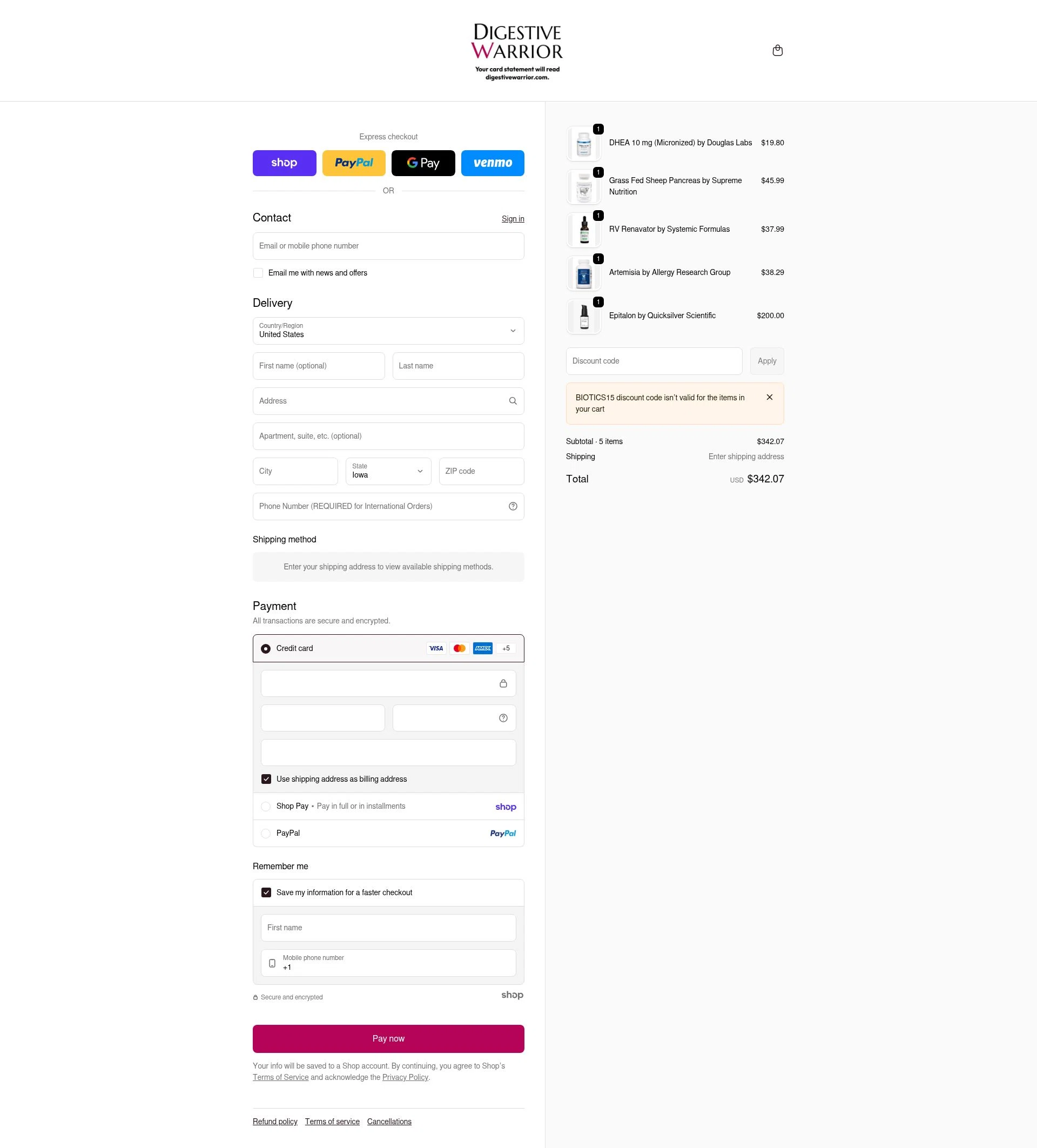 Digestive Warrior checkout page showing Digestive Warrior coupon code box | Screenshot taken by SimplyCodes community member on Jan 22, 2026