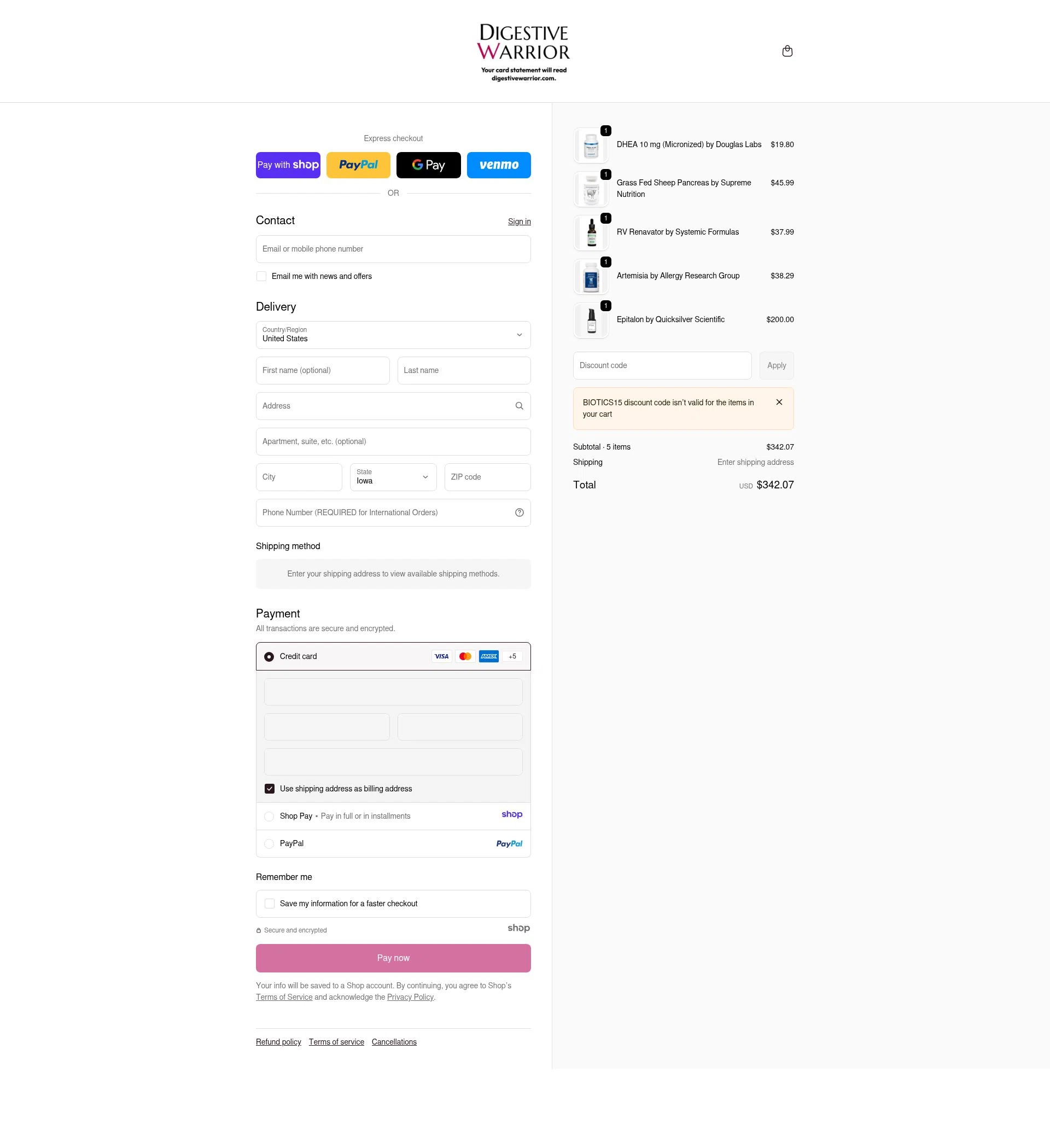 Digestive Warrior checkout page showing Digestive Warrior coupon code box | Screenshot taken by SimplyCodes community member on Jan 7, 2026