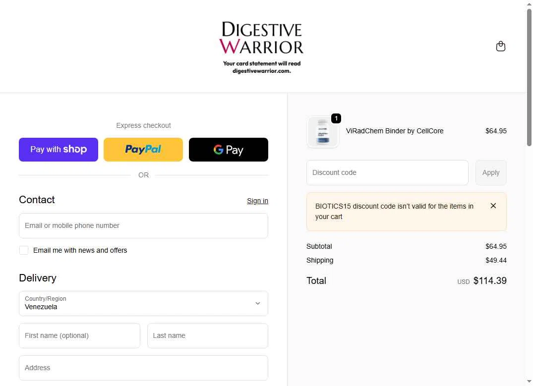 Digestive Warrior checkout page showing Digestive Warrior coupon code box | Screenshot taken by SimplyCodes community member on Jan 10, 2026