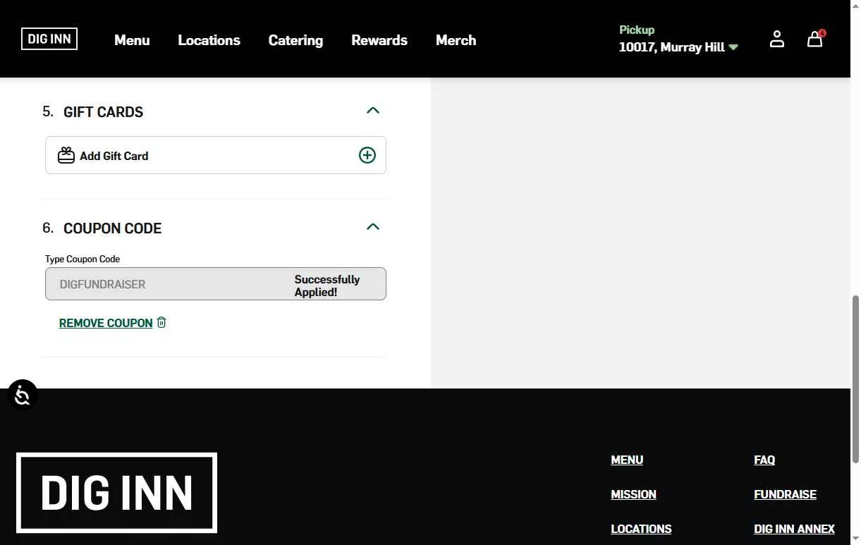 DIG Inn checkout page showing DIG Inn promo code box | Screenshot taken by SimplyCodes community member on Nov 14, 2025