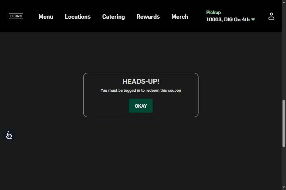 DIG Inn checkout page showing DIG Inn promo code box | Screenshot taken by SimplyCodes community member on Nov 14, 2025