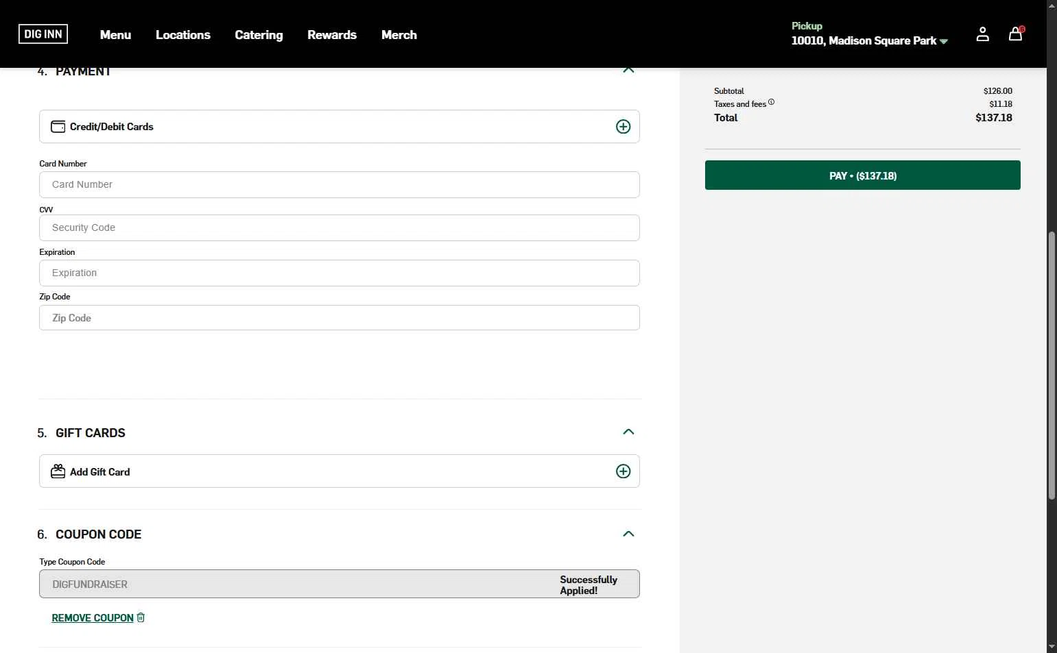 DIG Inn checkout page showing DIG Inn promo code box | Screenshot taken by SimplyCodes community member on Jan 9, 2026