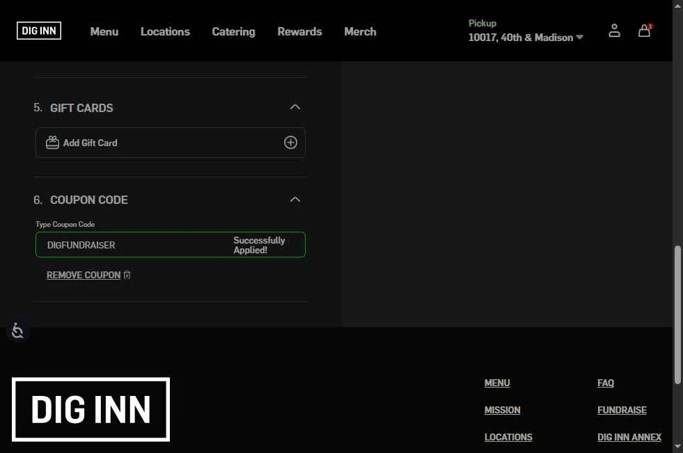 DIG Inn checkout page showing DIG Inn promo code box | Screenshot taken by SimplyCodes community member on Jan 8, 2026