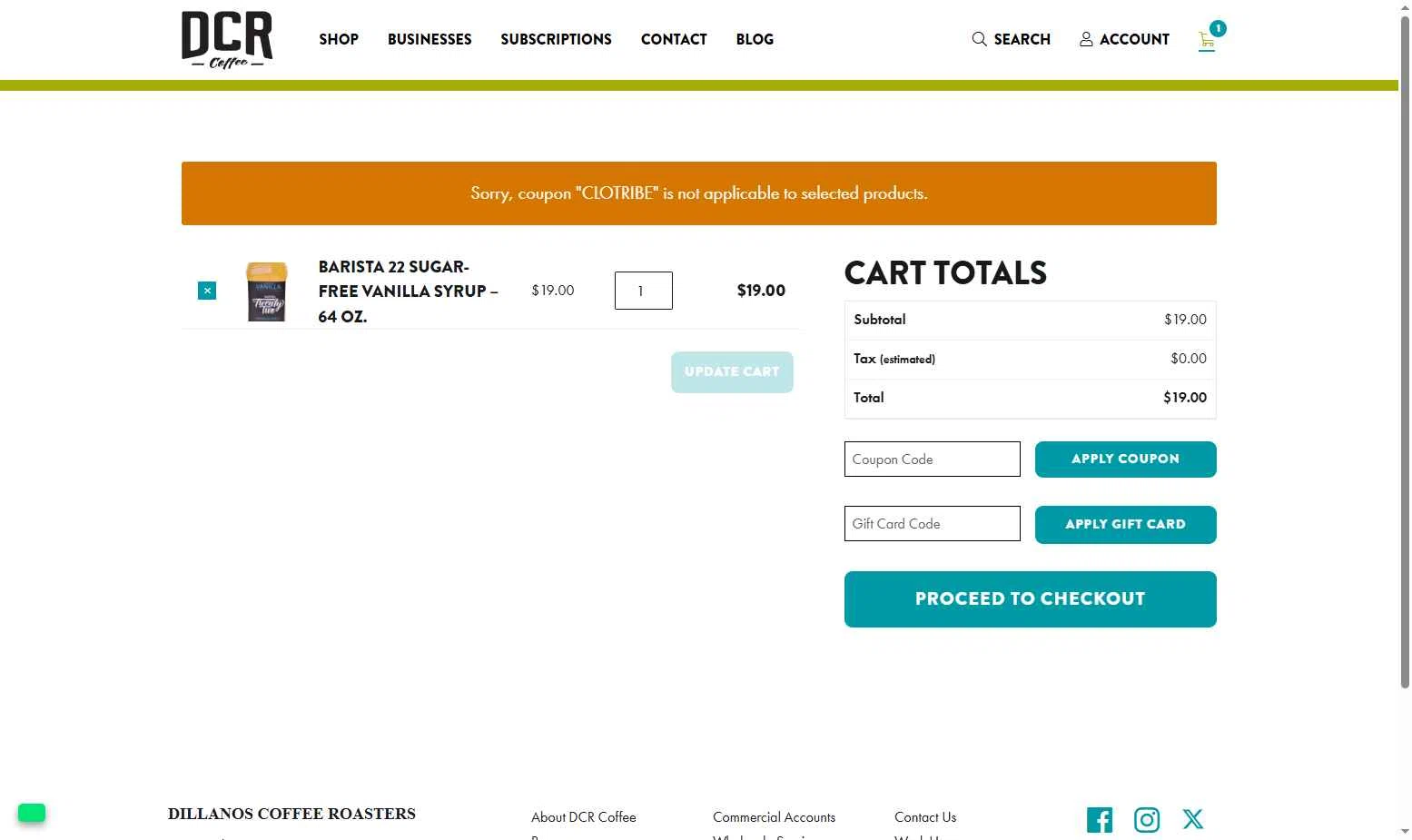 Dillanos Coffee Roasters checkout page showing Dillanos Coffee Roasters promo code box | Screenshot taken by SimplyCodes community member on Jul 27, 2025