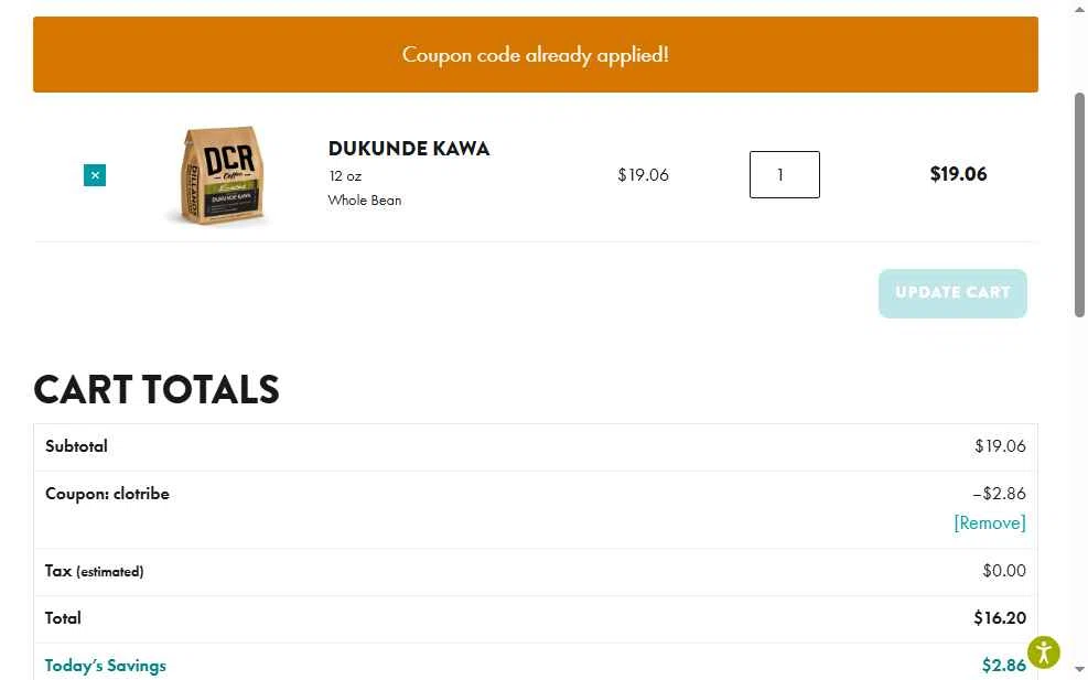 Dillanos Coffee Roasters checkout page showing Dillanos Coffee Roasters promo code box | Screenshot taken by SimplyCodes community member on May 29, 2025