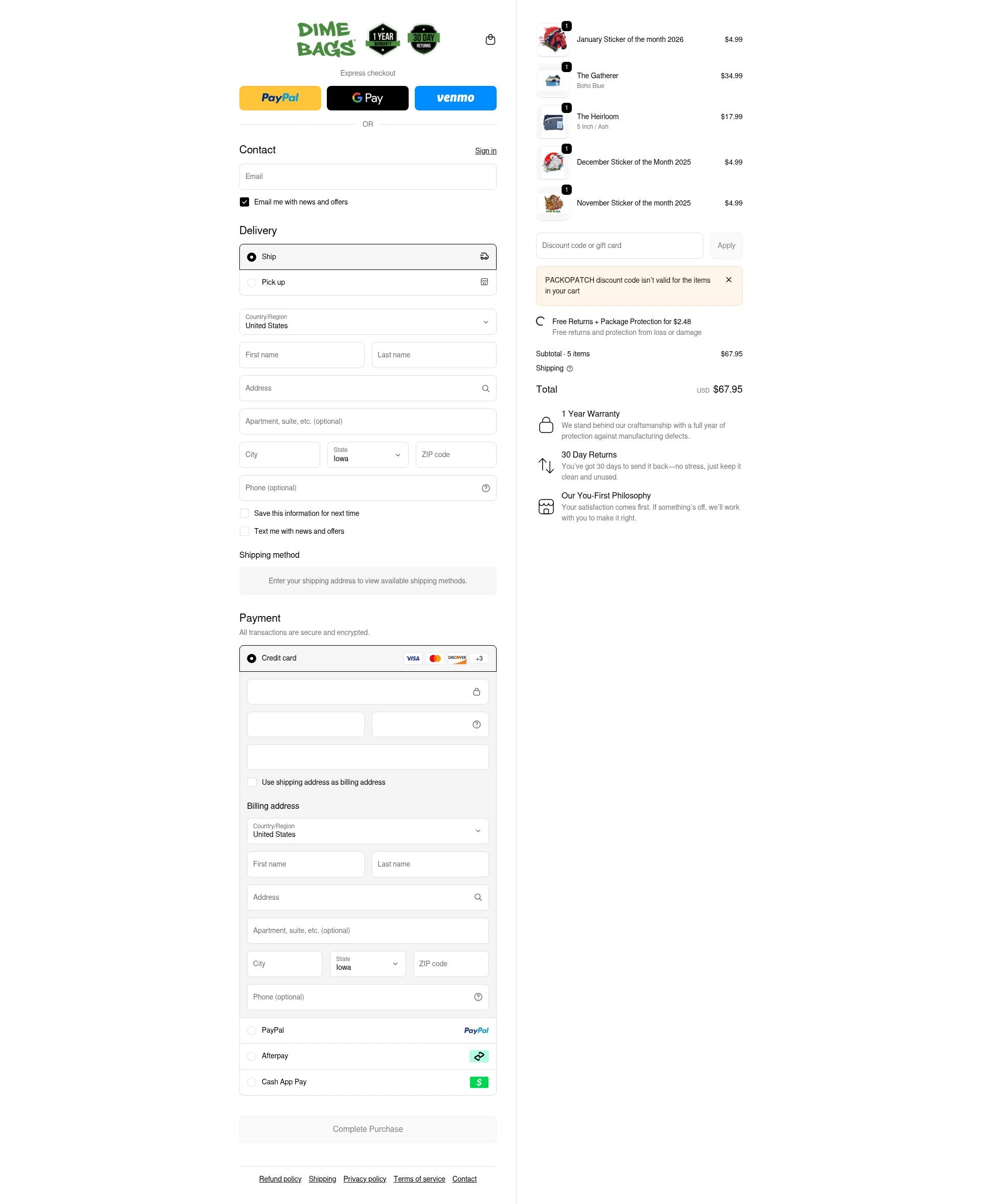 Dime Bags checkout page showing Dime Bags discount code box | Screenshot taken by SimplyCodes community member on Feb 6, 2026