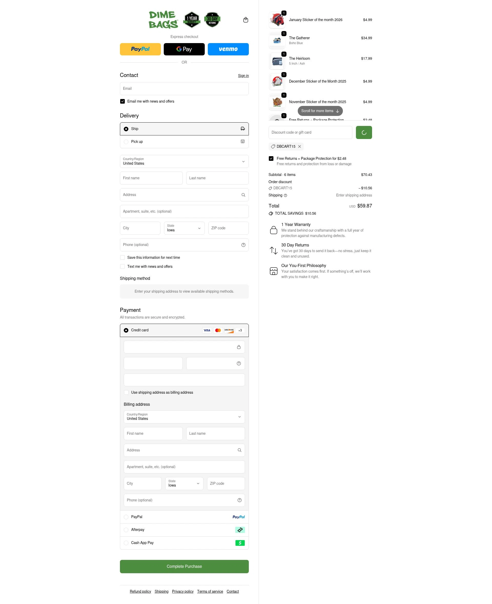 Dime Bags checkout page showing Dime Bags discount code box | Screenshot taken by SimplyCodes community member on Feb 6, 2026