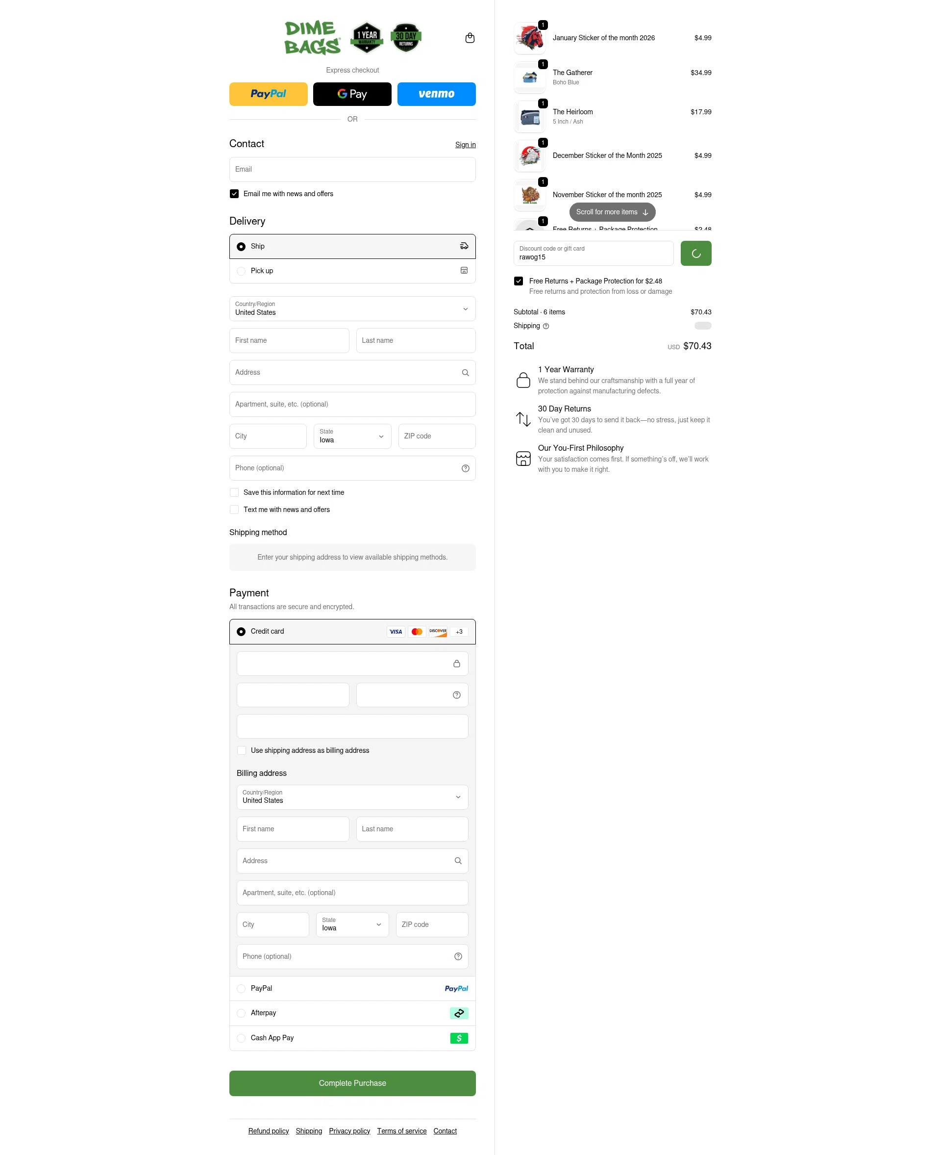 Dime Bags checkout page showing Dime Bags discount code box | Screenshot taken by SimplyCodes community member on Feb 6, 2026