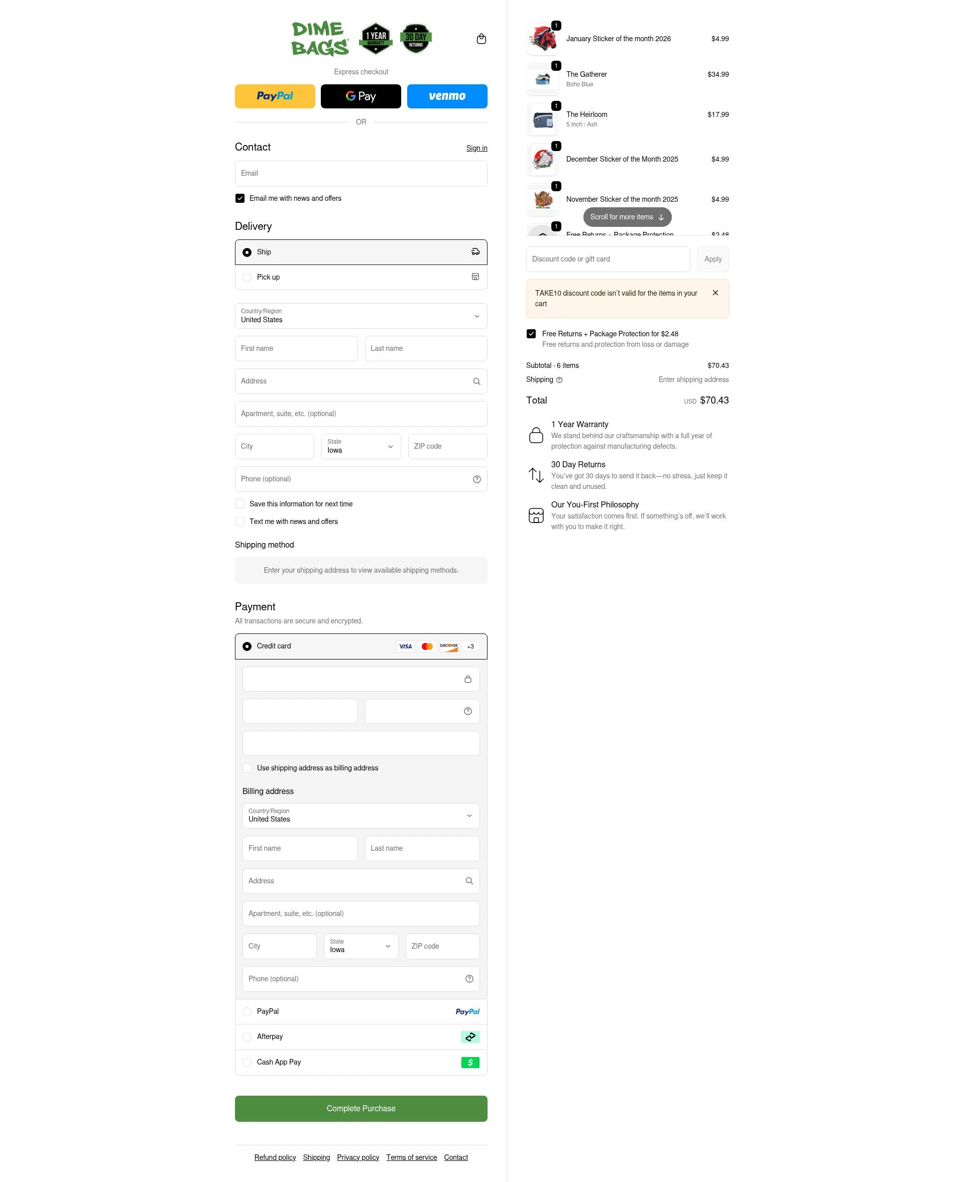 Dime Bags checkout page showing Dime Bags discount code box | Screenshot taken by SimplyCodes community member on Feb 6, 2026