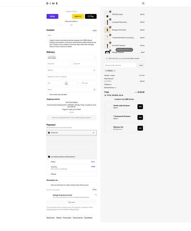 DIME Beauty checkout page showing DIME Beauty coupon code box | Screenshot taken by SimplyCodes community member on Sep 1, 2025