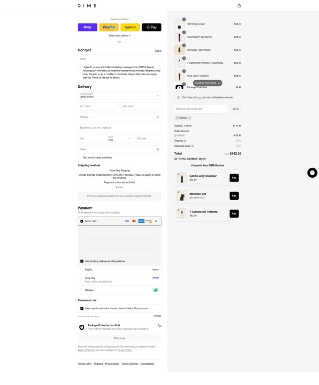 DIME Beauty checkout page showing DIME Beauty coupon code box | Screenshot taken by SimplyCodes community member on Sep 1, 2025