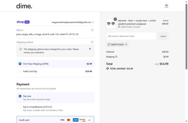 Dime Optics checkout page showing Dime Optics promo code box | Screenshot taken by SimplyCodes community member on Aug 24, 2025