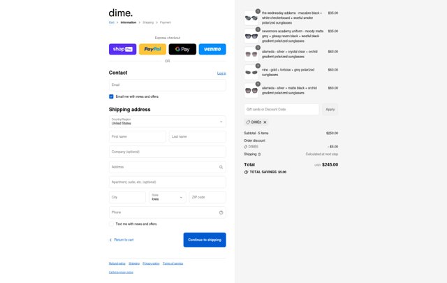 Dime Optics checkout page showing Dime Optics promo code box | Screenshot taken by SimplyCodes community member on Aug 26, 2025