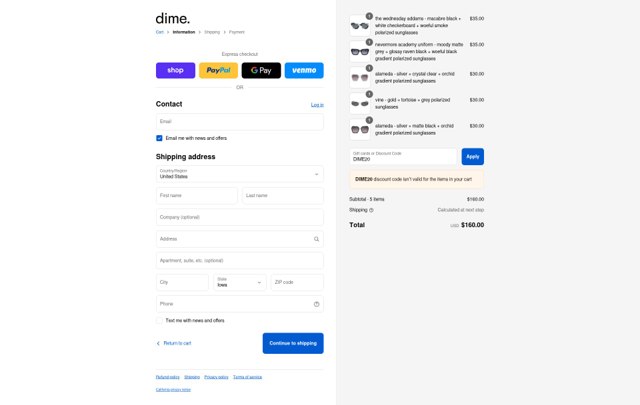 Dime Optics checkout page showing Dime Optics promo code box | Screenshot taken by SimplyCodes community member on Aug 30, 2025